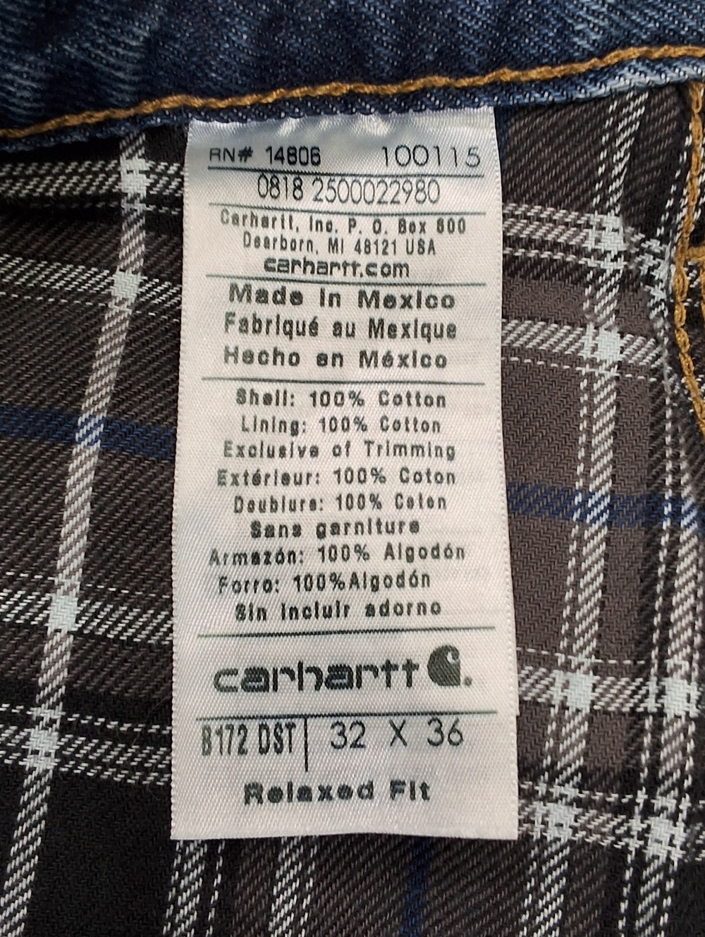 Carhartt NWT~Mens Relaxed Straight Fit Flannel Lined Jean~Dark Wash Denim~32X36 - Picture 3 of 11